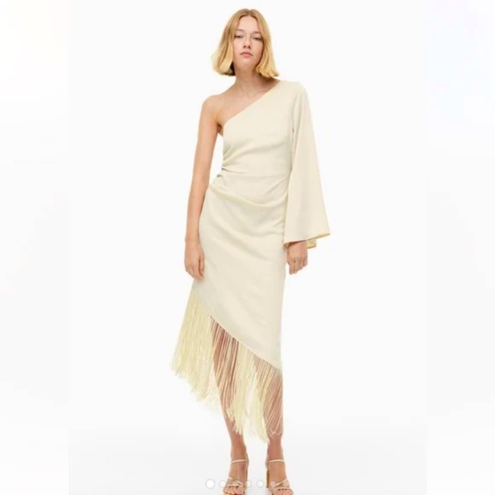 Beige Asymmetrical Fringe Midi Dress Size Large